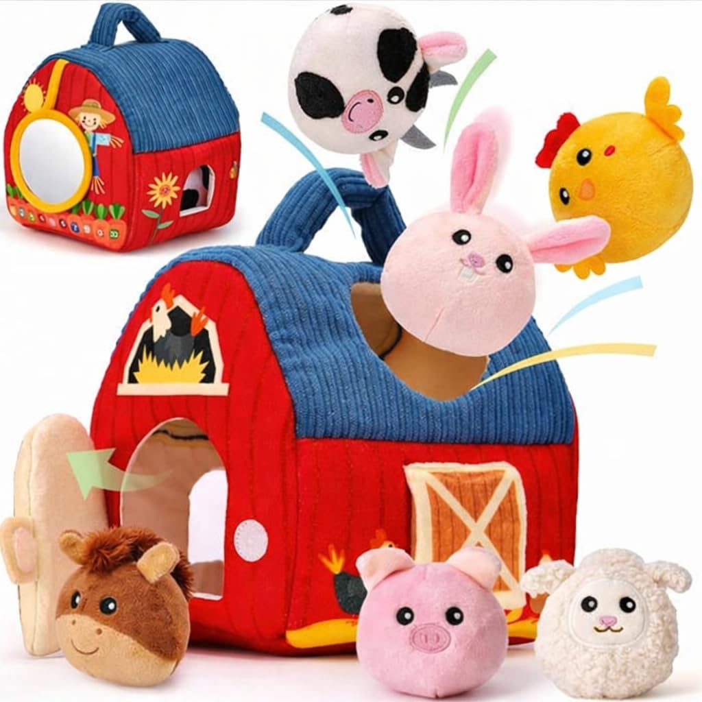 TOY LAB Baby Toys 6-12 Months - Farm Animals with Barn, Rattle, Crinkle Paper, Mirror - Busy Montessori Sensory Toys for Babies Toddlers 1-3 - Baby Easter Basket Stuffers