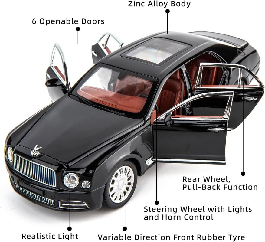 Image of Play Boy 1:24 Bentley MULSANNE Model Diecast Metal Alloy Pullback Toy Vehicle with Openable Doors Light and Music Car for Kids (Multicolor)