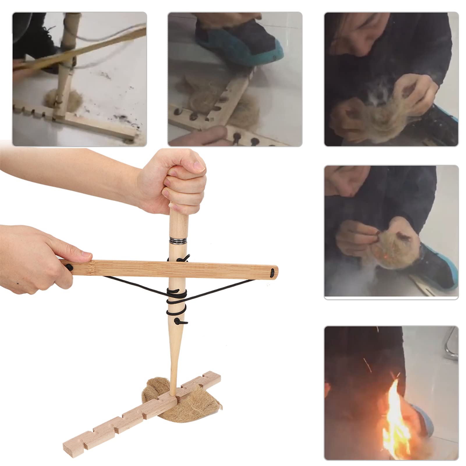 Tiiyee Bow Drill Kit Fire Starter, Survival Feuerbohrer aus Holz, Traditionelles Bushcraft Werkzeug zum Feuermachen für Erwachsene Outdoor Camping Wilderness Survival und Notfall Ausrüstung (1 Person)