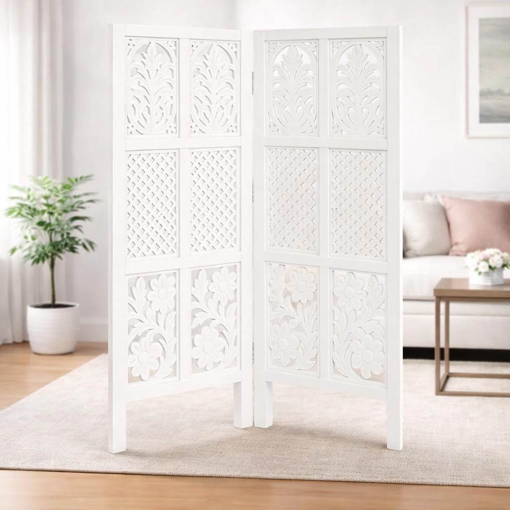 Wooden Room Divider Partition | Privacy Screen Separator for Living Room Bedroom Hall | Foldable Floor Screen | Home & Office Décor Partition (White, 2 Panel 4 feet Mix)-picture-27