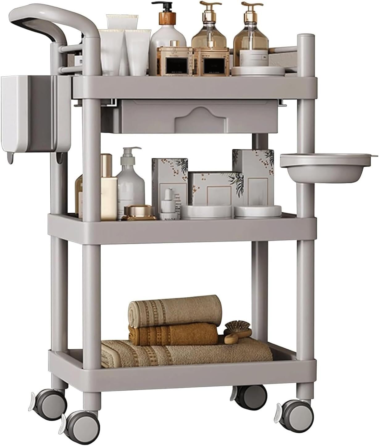 SSDDLZEQ Mobile Salon Station, Salon Trolley 3 Tier Salon Cart Load 330 Lbs Salon Trolley Cart With Dirt Bucket Trolley Cart Large Drawer Salon Rolling Cart(Grey)