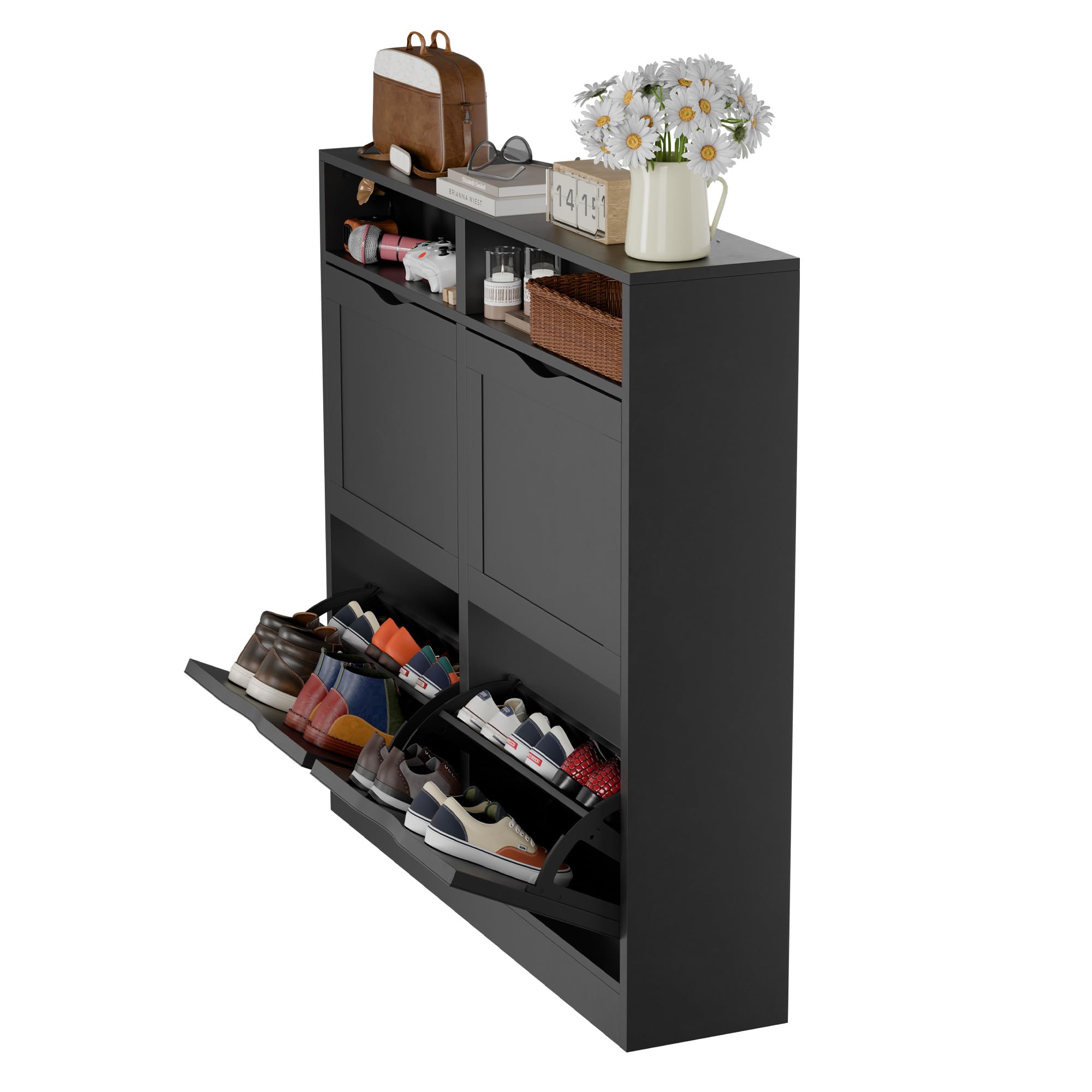 ELUCHANG Schuhschrank schmal mit 4 Klappen / 8 Ablagen, Platzsparender Schuhkipper Schuhkommode, Geschlossen Schuhregal, Shoe Cabinet Flurschrank für Diele/Flur/Garderobe, Schwarz