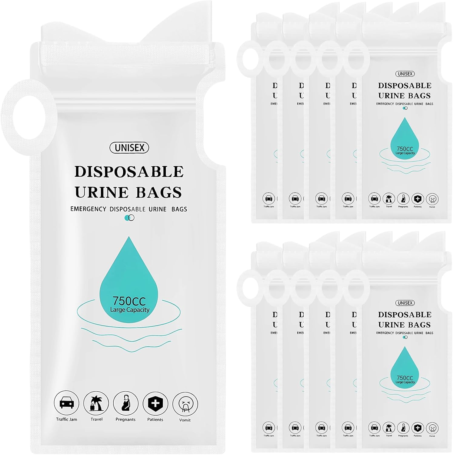 ExceforeDisposable Urinal Bag, 10Pack Emergency Disposable Urinal Bags, 750CC Portable Camping Pee Bag, Vomit Bag, Unisex Urine Bag for Traffic Jams, Camping, Hiking