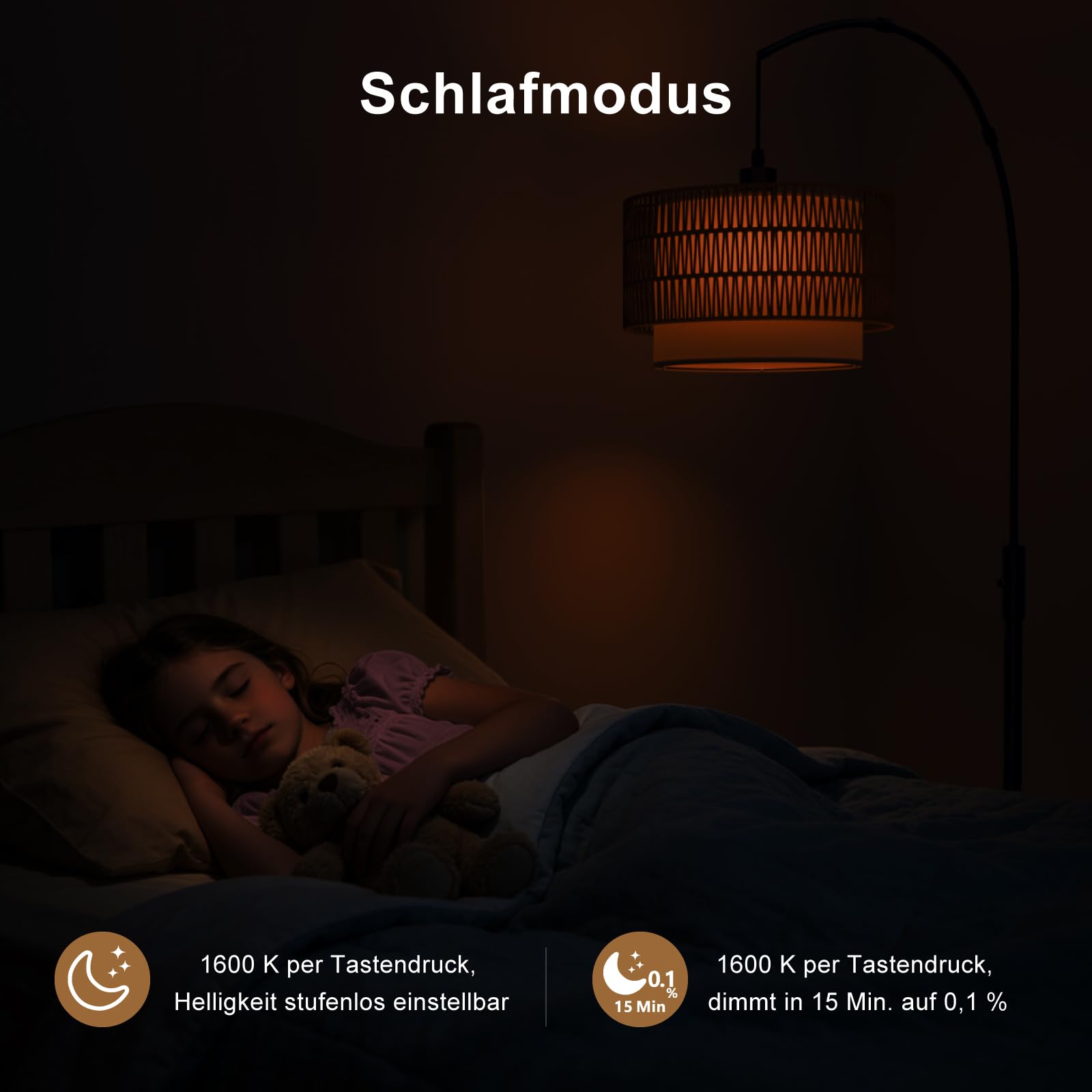 Boho-Bogen Stehlampe RGB, 1600 K Bernsteinlicht/4000K Neutralweiß | 180 cm, 3-in-1-Schirm in Rattan- und Leinenoptik, 10 W 1200 lm, 0,1–100 % dimmbar, Timer, magnetische Fernbedienung