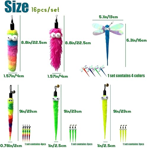 Cat Worm & Dragonfly Refills - Teaser Toys Cat Fishing Pole Wand Attachments (10Pcs)(16Pcs)