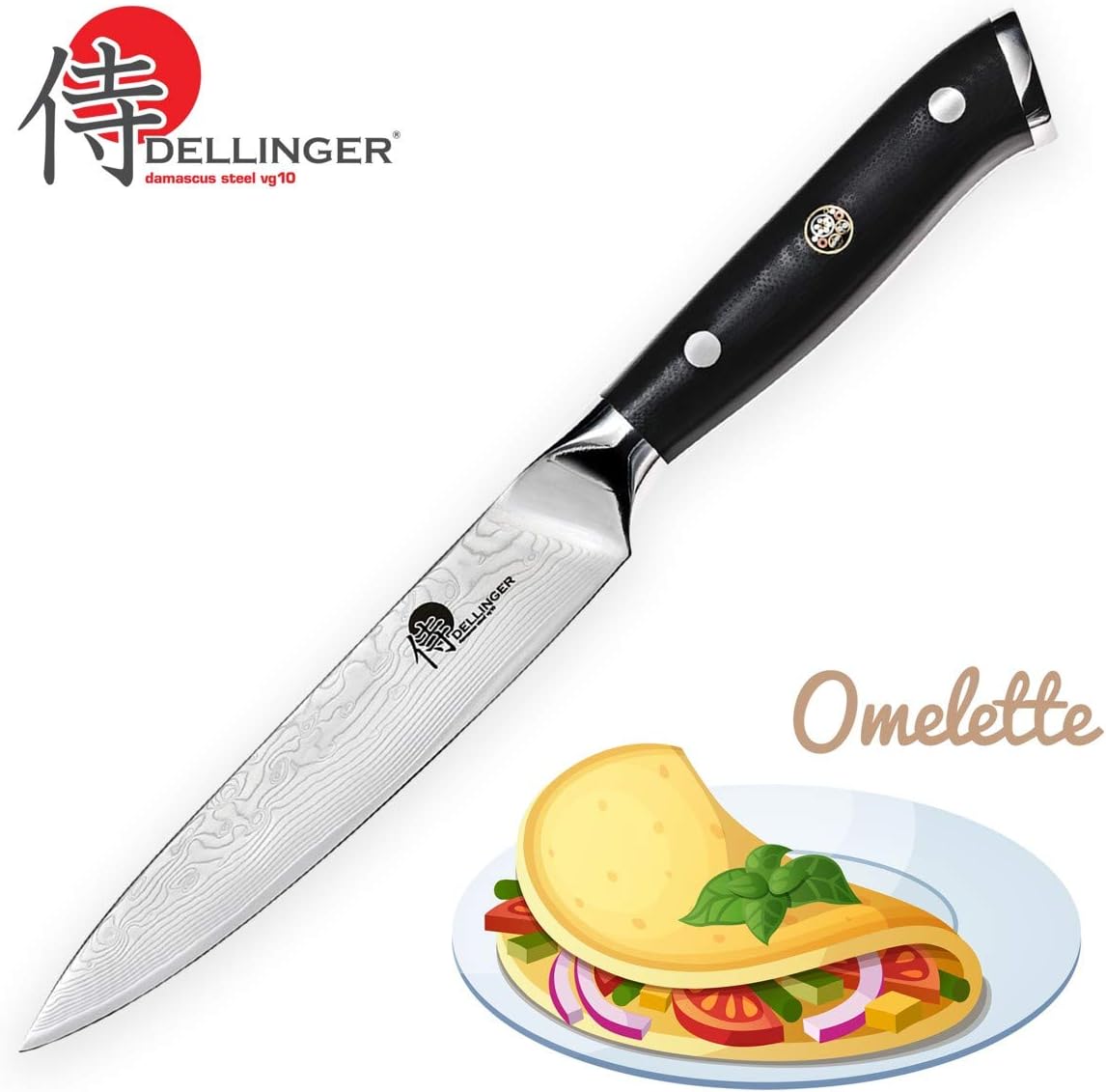 DELLINGER Damascus Small Kitchen Knife - 5 Inch (130 mm) Utility Petty Knife Cutlery Samurai Series 67 Layers VG-10 Damascus Steel with Gift Box