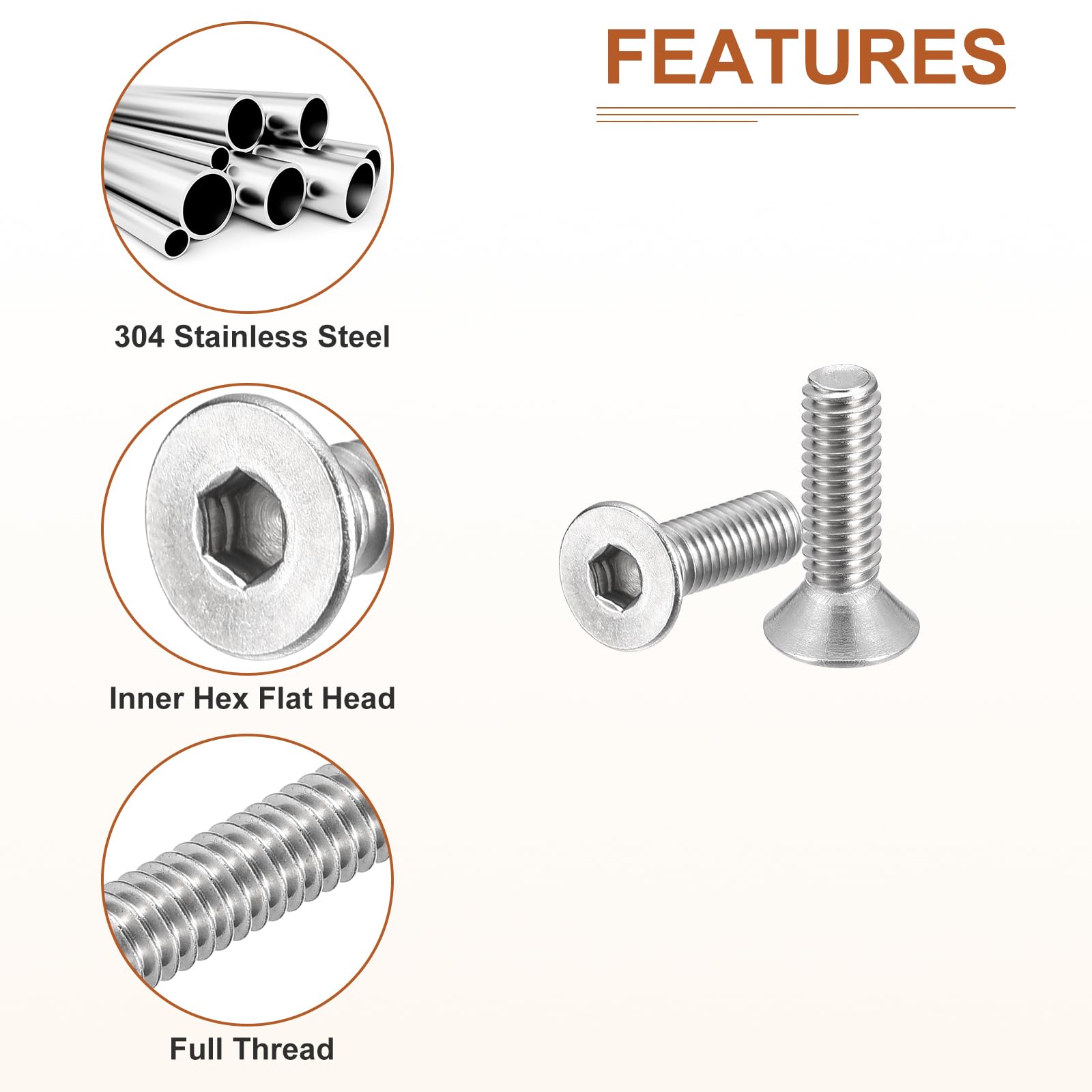 DTGN #10-32 x 5/8" Flat Head Socket Cap Screws, 20 Pack 304 Stainless Steel Hex Socket Flat Head Screws, Full Thread, Countersunk Bolts - Image 4