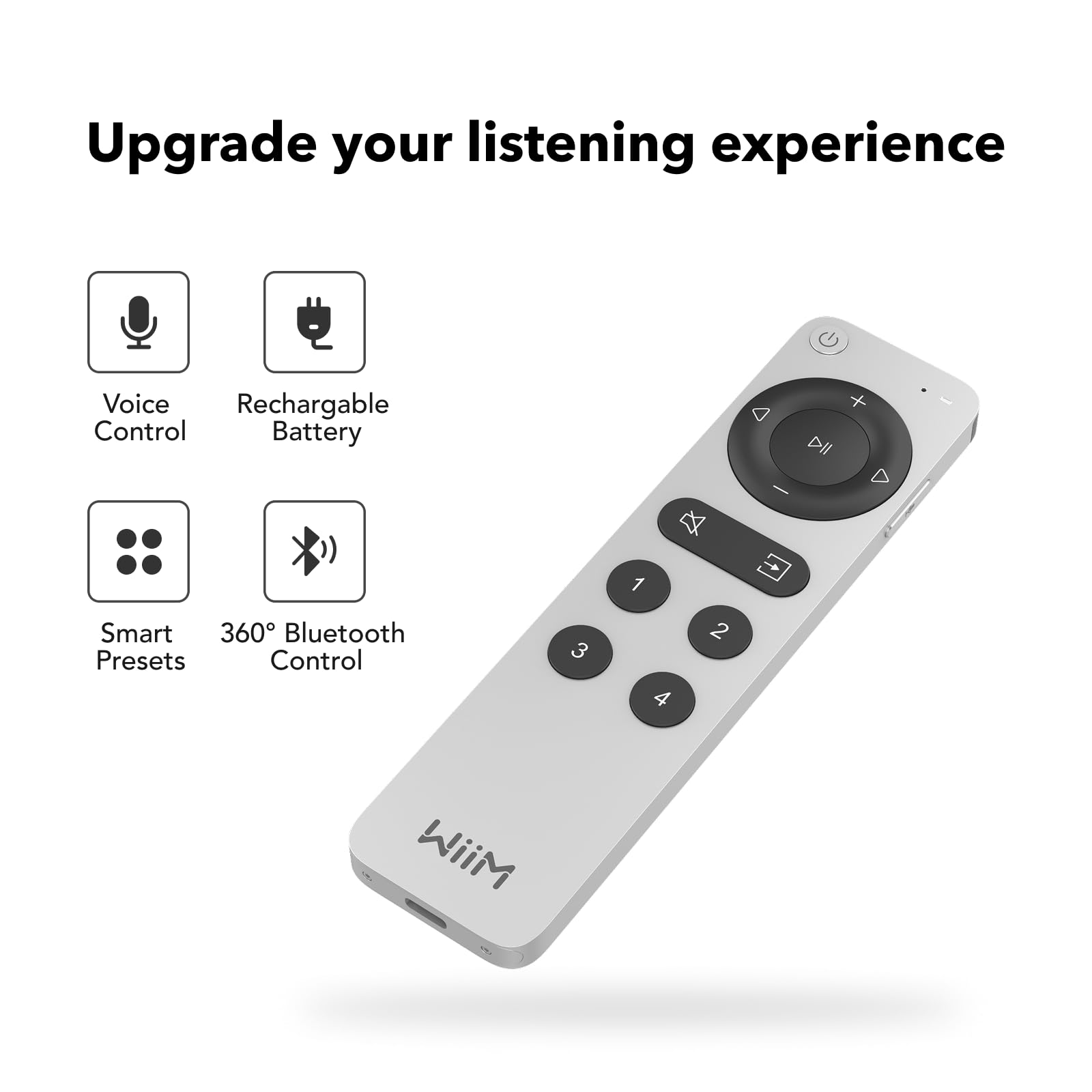 WiiM Voice Remote 2 für WiiM Musik-Streamer und Verstärker | Push-to-Talk, 4 smarte Preset-Tasten | Wiederaufladbarer Akku | Elegantes Aluminium-Design | 360° Bluetooth-Fernbedienung