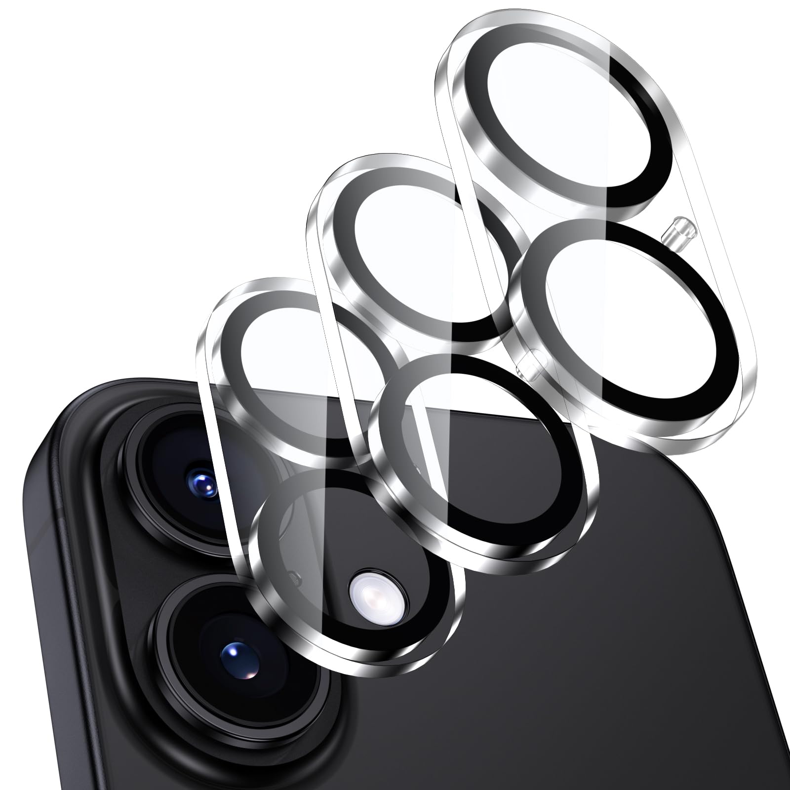 「3枚セット」カメラフイルム iPhone16/16 Plus用 カメラ保護 全面保護 9H強化ガラス 黒縁取り いphone16/16plus レンズカバー 露出オーバー防止 超高透過率 アイフォン16/16 プラス カメラカバー レンズガード