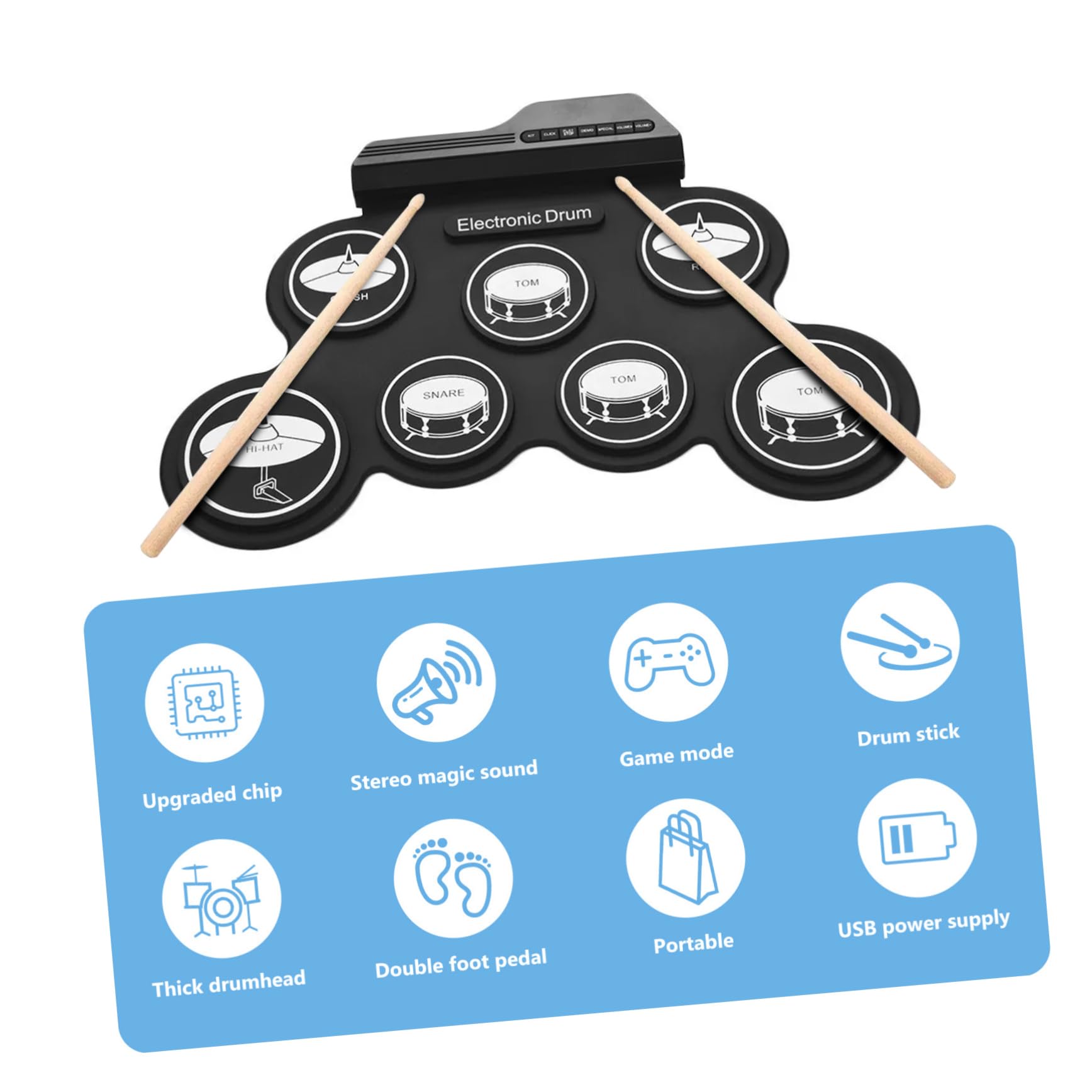 Abaodam Elektronisches Schlagzeug Rolle Up Drum Satz für Anfänger mit Leichtem Silikon und Abs Material Tragbares USB Digital Drum Pad zum Üben Zuhause