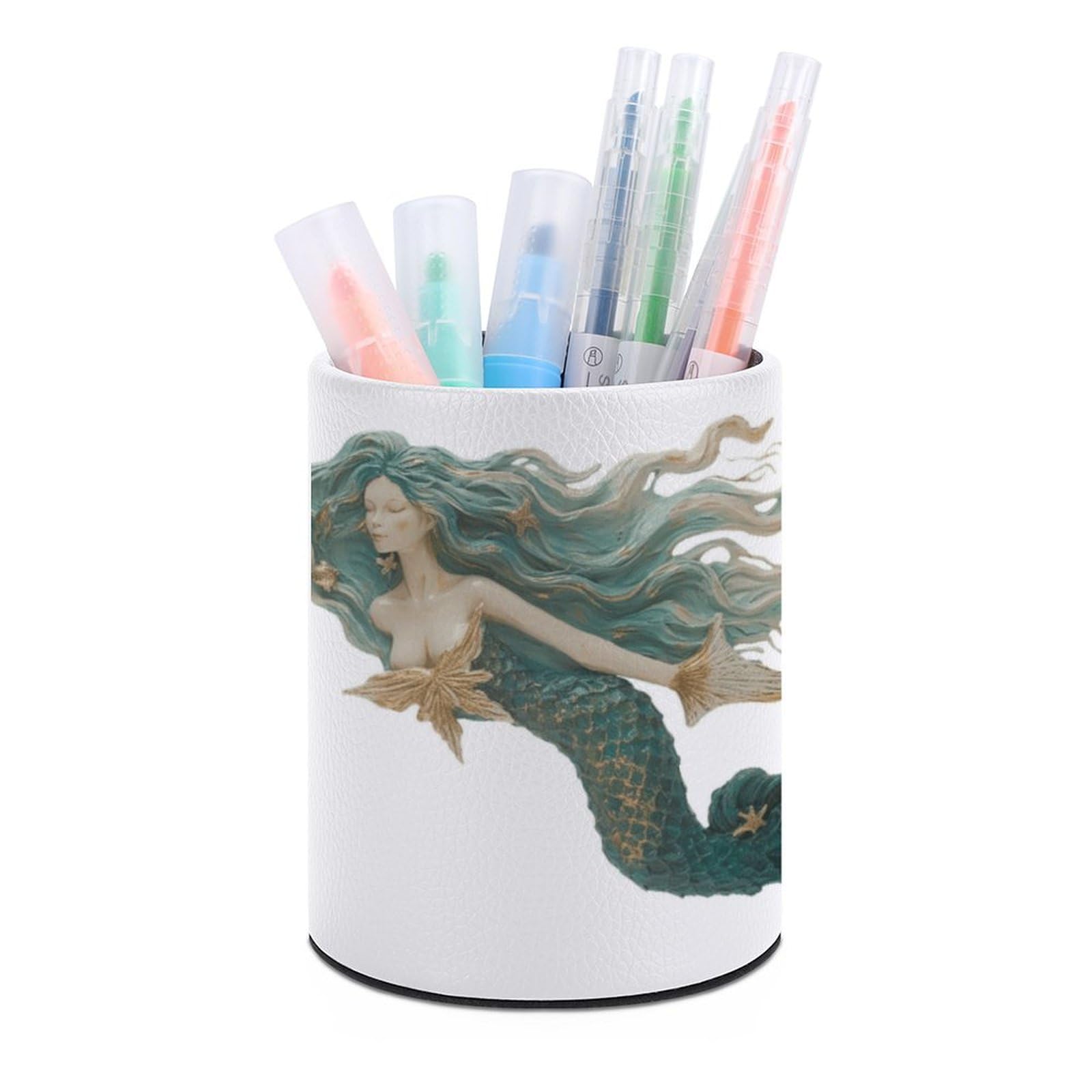 KLOPH PU Leather Pen Holder for Desk, Aesthetic Pencil Cup for Desktop, Makeup Brush Srotage for PenOrganizer Office Supplies, Art Mermaid Pen Cup Pencil Caddy for Home Art Supply