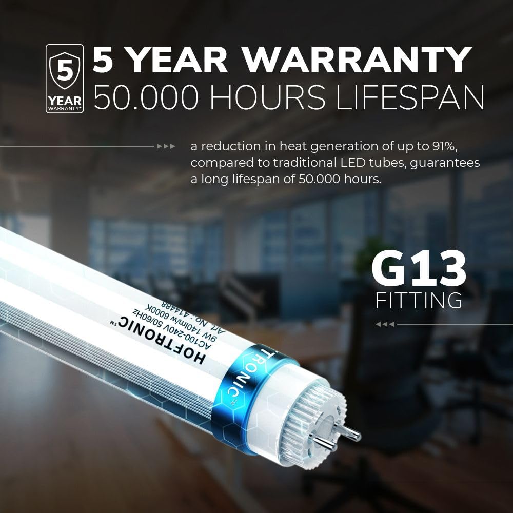 HOFTRONIC - Tube LED 60 cm - 9 Watt 1260 Lumen (140lm/W) - T8 G13 - Tube Neon sans scintillement - 4000K Blanc Neutre Tube Fluorescent - Durée de vie : 50 000 heures Garantie de 5 ans