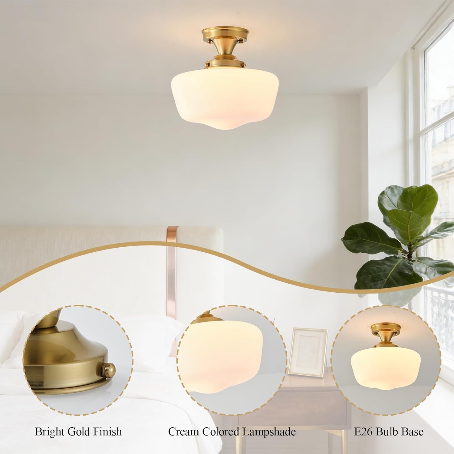 12'' Schoolhouse Ceiling Light Fixture, Gold Semi Flush Mount Ceiling Light, Opal Milk Glass Shade for Bedroom Kitchen Hallway Entryway