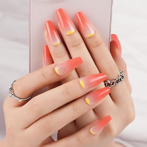 Miniatura 4 de Uñas postizas a presión de ataúd mediano, color naranja degradado, se ajustan perfectamente y naturales reutilizables, uñas postizas con pegamento,