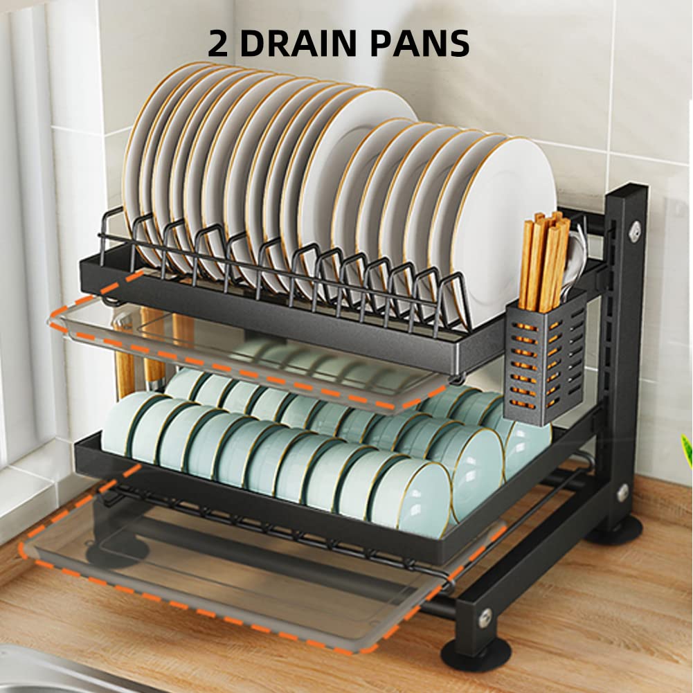 Escurridor de platos regulable en altura de 2 niveles con 2 escurridores para fregadero de cocina con soporte para utensilios y tabla de cortar 2 en 1