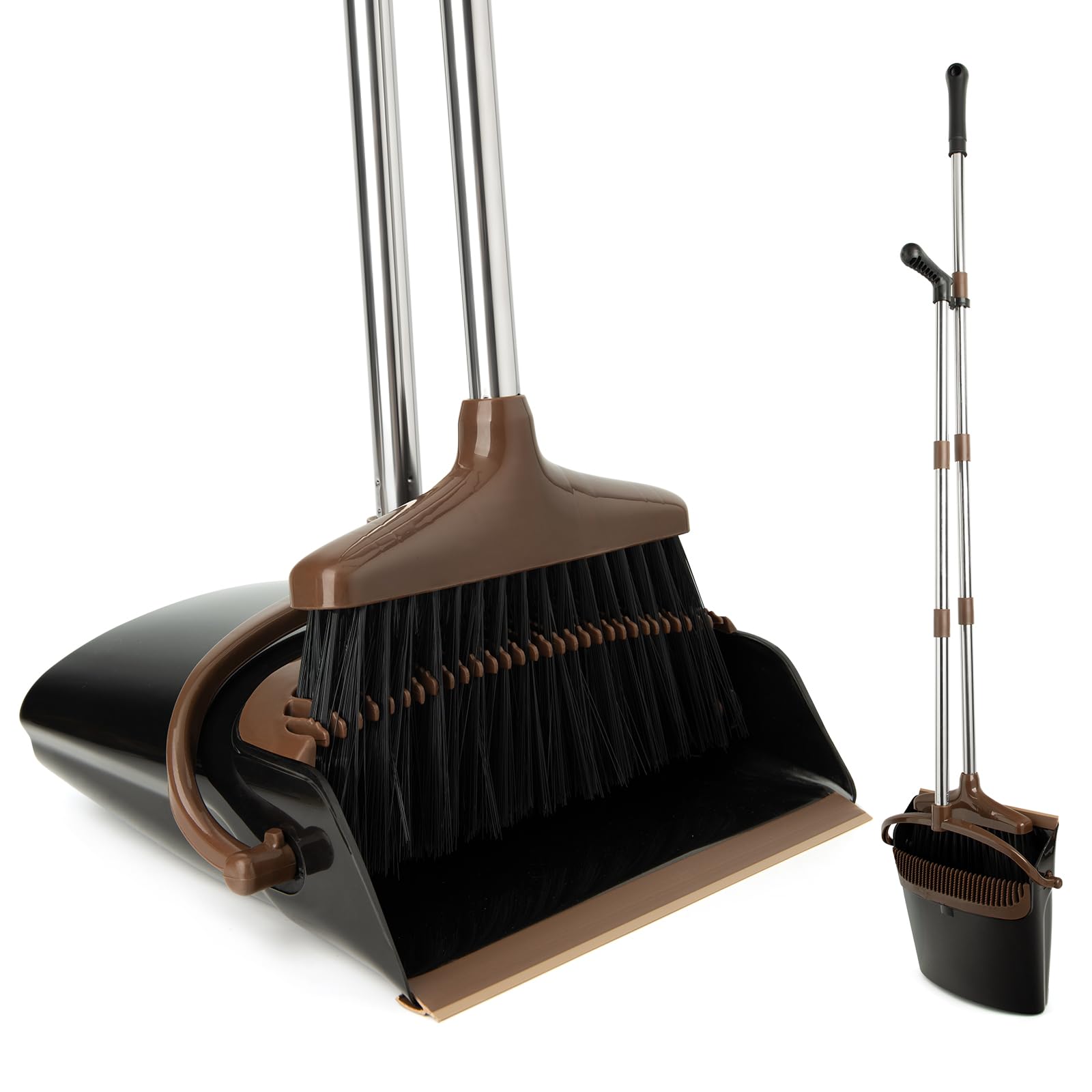 Juego de escoba y recogedor con mango largo extensible, escoba con pala para limpieza del hogar oficina (negro marrón)