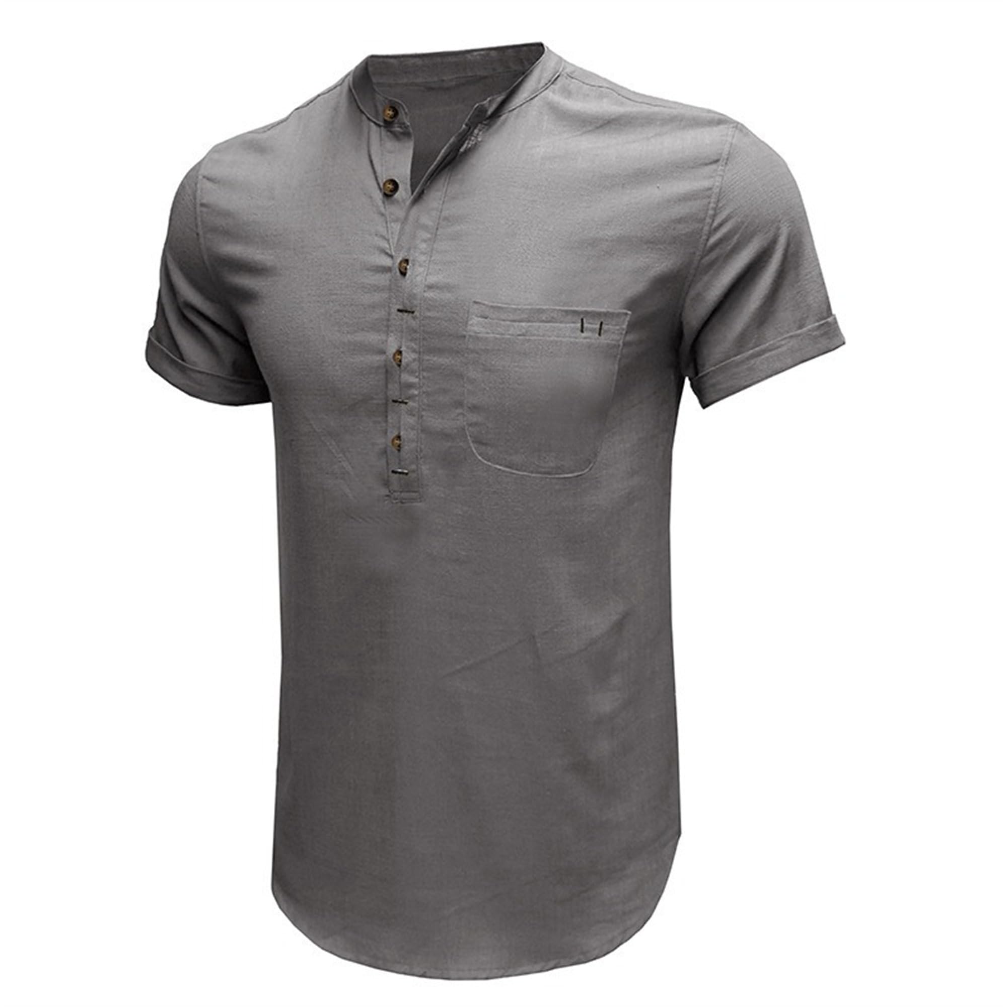 Men Henry Collar Solid Short Sleeve T Shirt Quarter Button Daily Style Shirts Summer Loose Breathable Pullovers Top (Grey,Large)