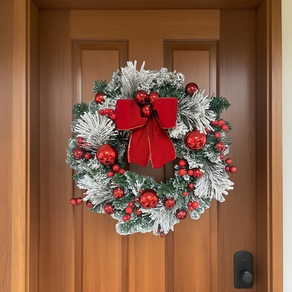 Corona de Navidad artificial de 16 pulgadas, guirnalda colgante resistente al fuego con 20 luces LED alimentadas por batería para decoración de puerta y pared (rojo blanco)