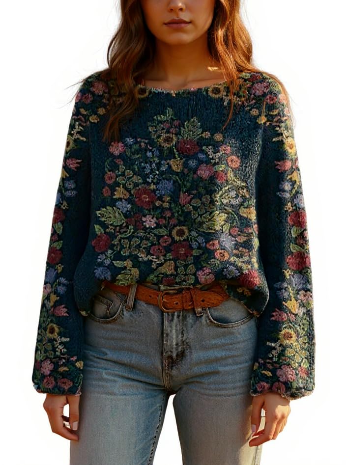 Womens Boho Oversized Sweaters Casual Plus Size Ribbed Knit Long Sleeve Top Winter Vintage Floral Crewneck Pullover for