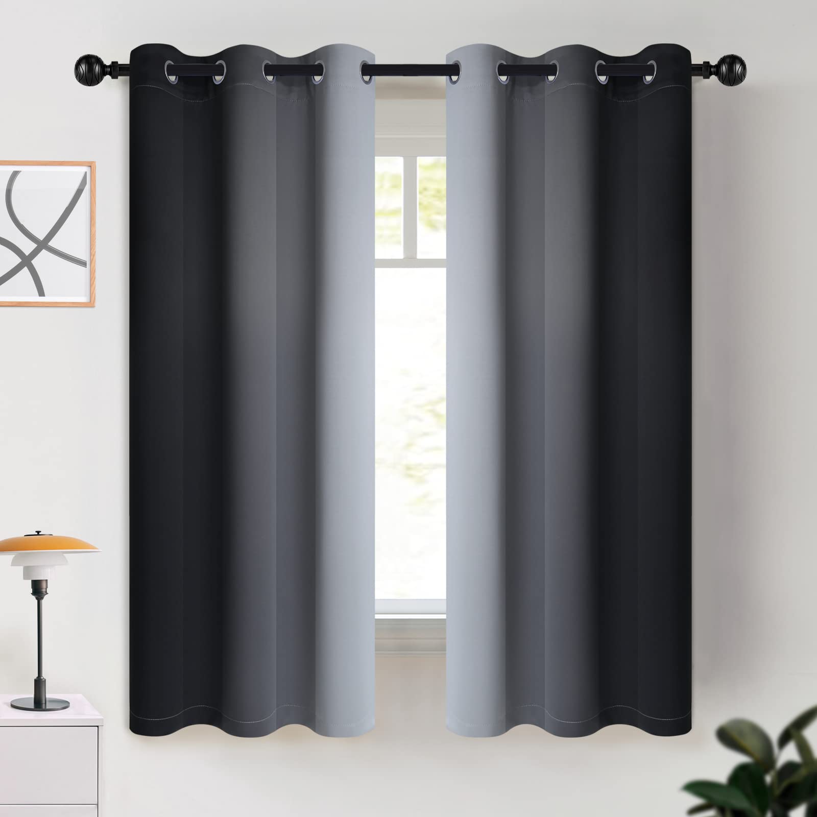 COSVIA Room Darkening Ombre Curtains, 63 inch Length, Grommet Black & Greyish White Gradient Light Blocking Insulated Thermal Curtains for Bedroom & Living Room, 2 Panels, 42x63 inches — image 1