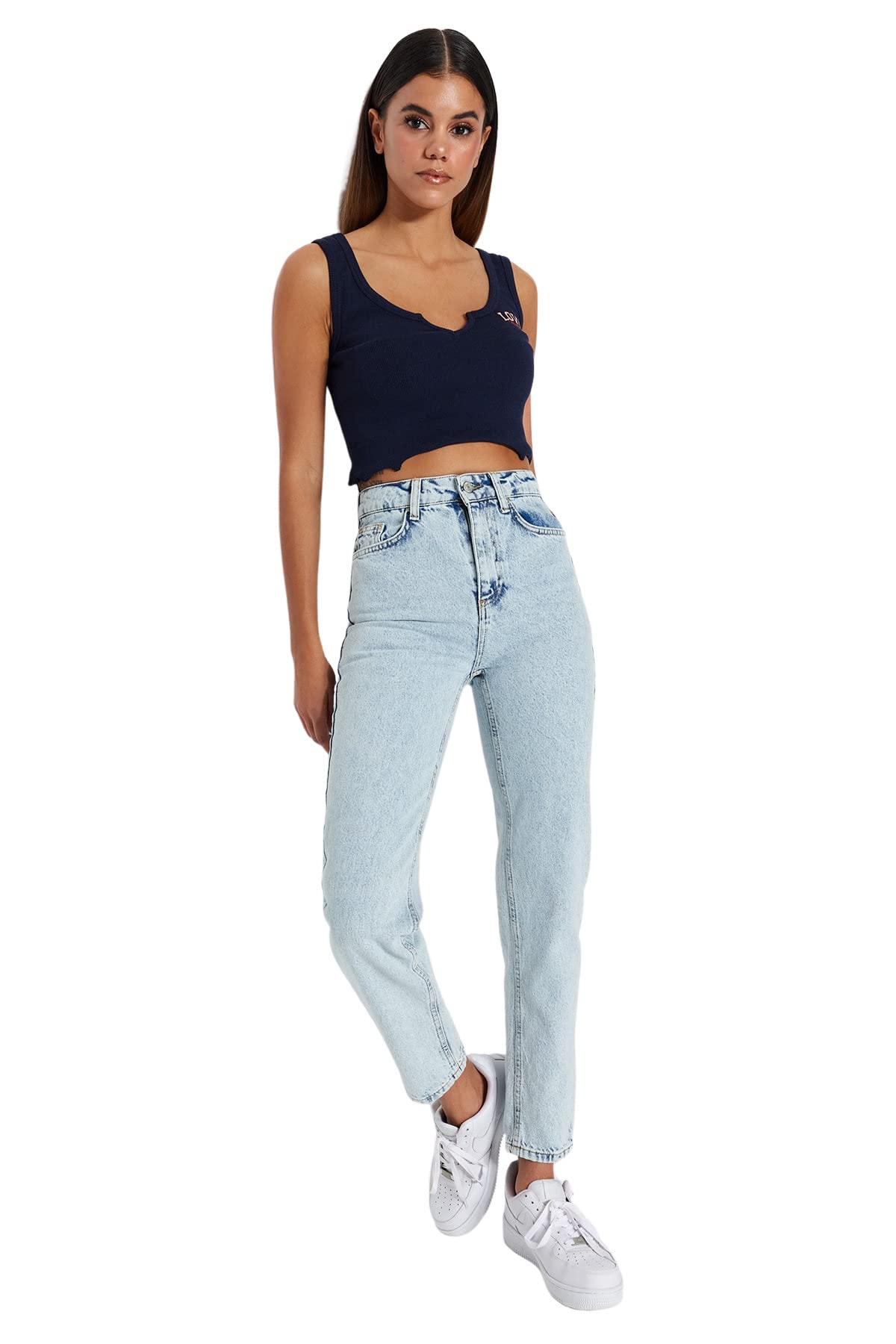 Trendyol Damen Hellblau Gerade Mama Hohe Taille Jeans
