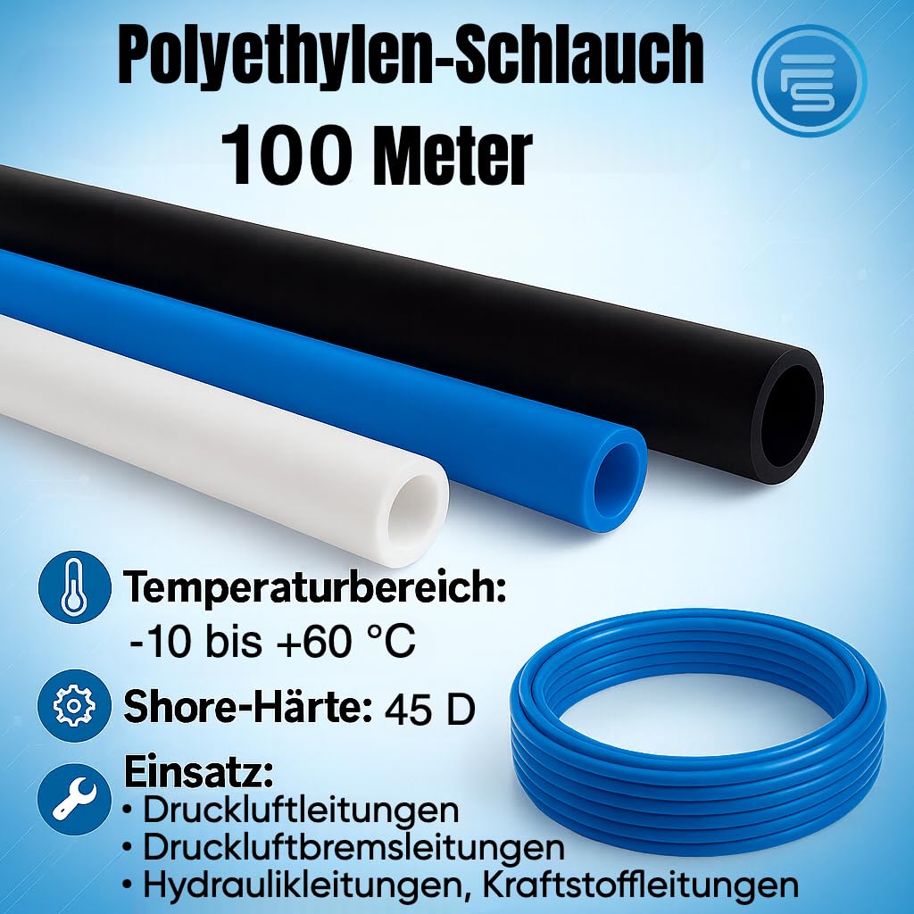 Fittingstore Tuyau en polyéthylène PL 100 m – Tuyau pneumatique en polyuréthane, résistant aux produits chimiques, flexible 4/2 mm, 6/4 mm, 8/6 mm, 10/8 mm