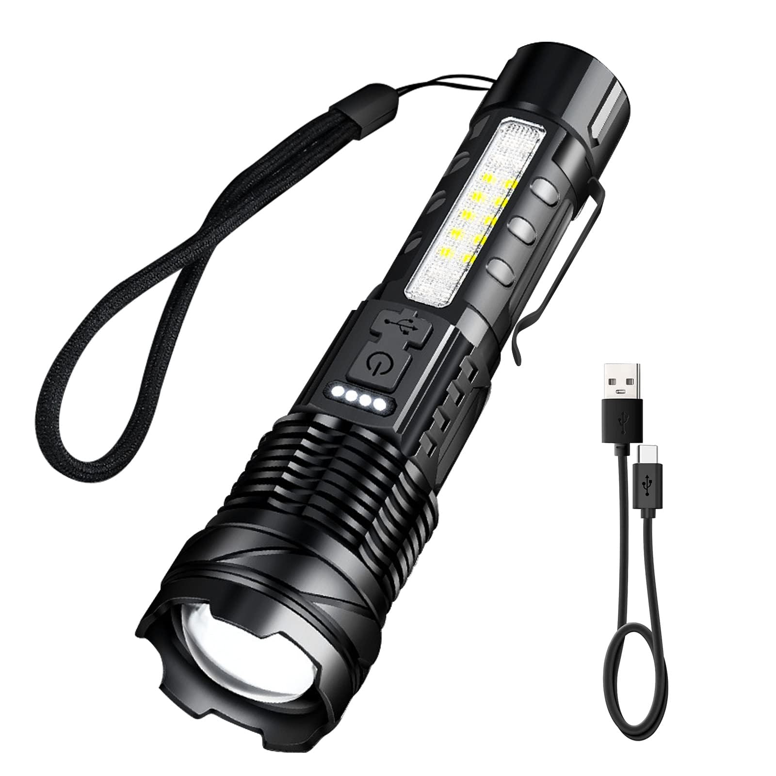 Eidoct Torches LED Super Bright 20000 Lumens - Rechargeable 7 Modes USB-C Battery Powered Flashlight with Red Blue Side Light, Clip, with Power Indicator