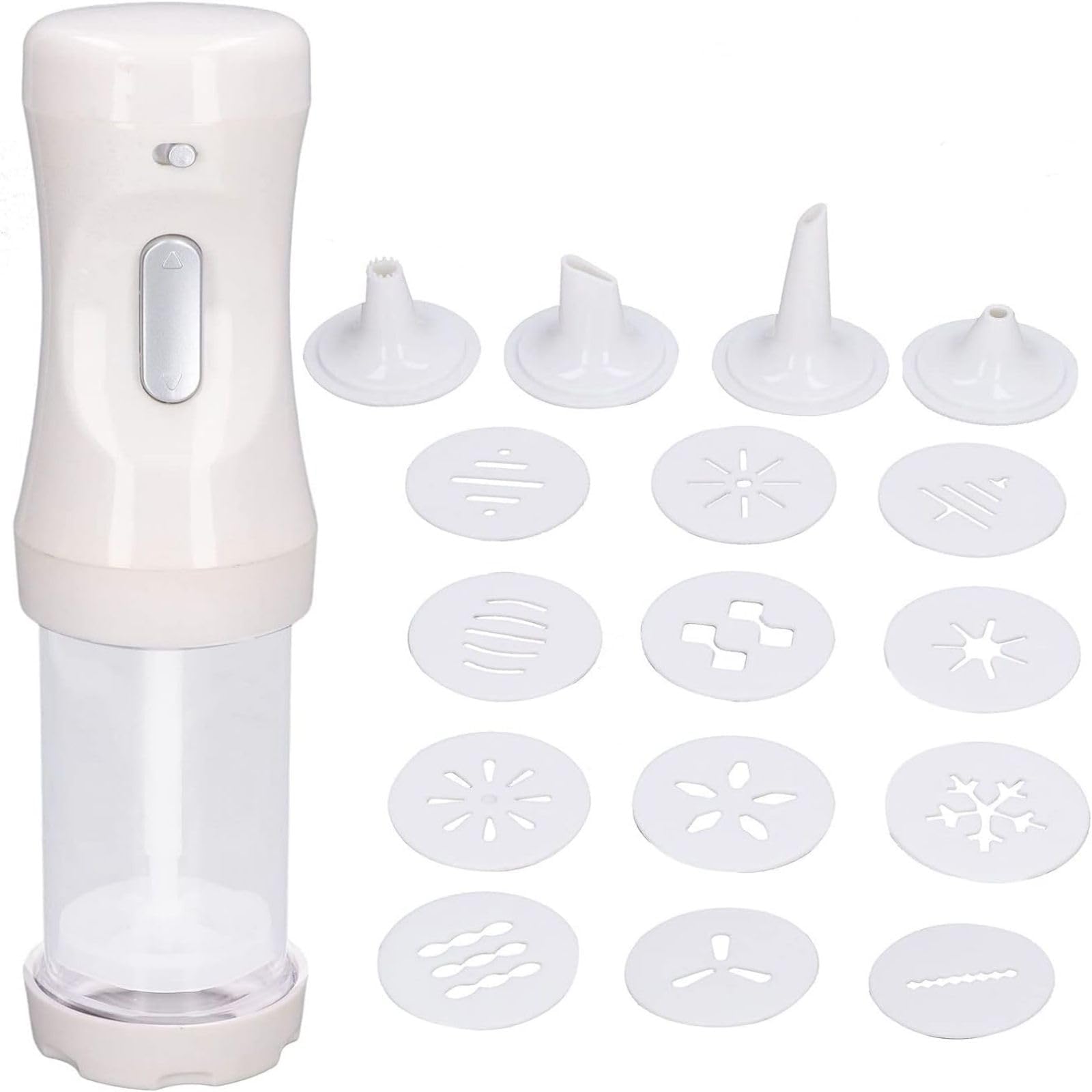 Electric Cookie Press Squeezer, White Barrel Electric Decorating Tool With 12 Molds and 4 Decorating Nozzles for Cake Dessert Diy Maker and Decoration Baking Supplies white transparent