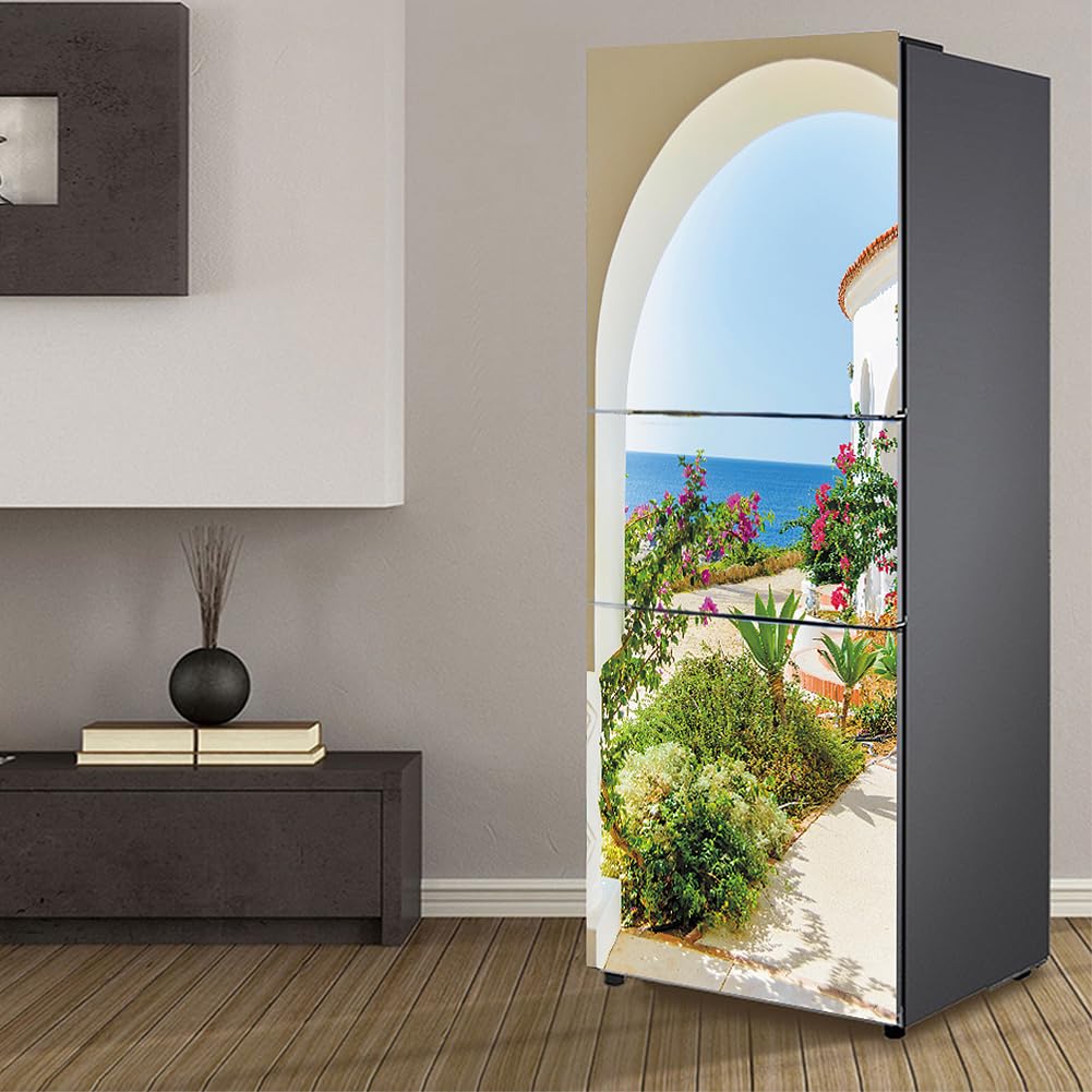 Fridge Stickers, Fridge Sticker Full Covering Door Covers Skins Wall Stickers for Kitchen Decal, Italian Island Sea View(M: 60x180 cm)