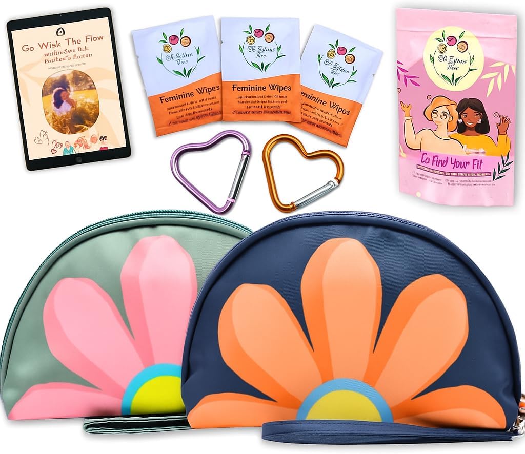 The Bloom First Period Kit for Girls 9-12 – 32 PC Tween Starter Kit with Cute Sanitary Napkin Storage Bag - Portable Waterproof Emergency Pad Pouch, (Blue & Green)