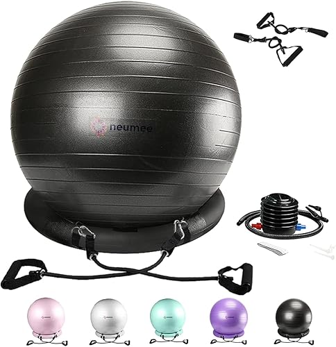 Silla de pelota de ejercicio con bandas de resistencia, silla de oficina de pelota de yoga con base de estabilidad para gimnasio en casa, pelota de