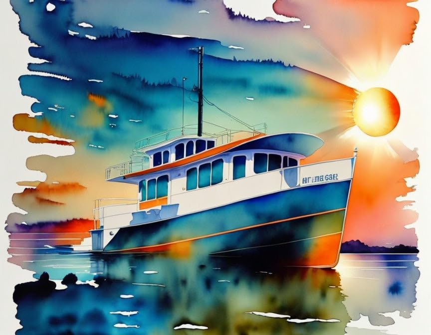 Affiche watercolor idea boat avec cadre alternatif poster orange coucher soleil