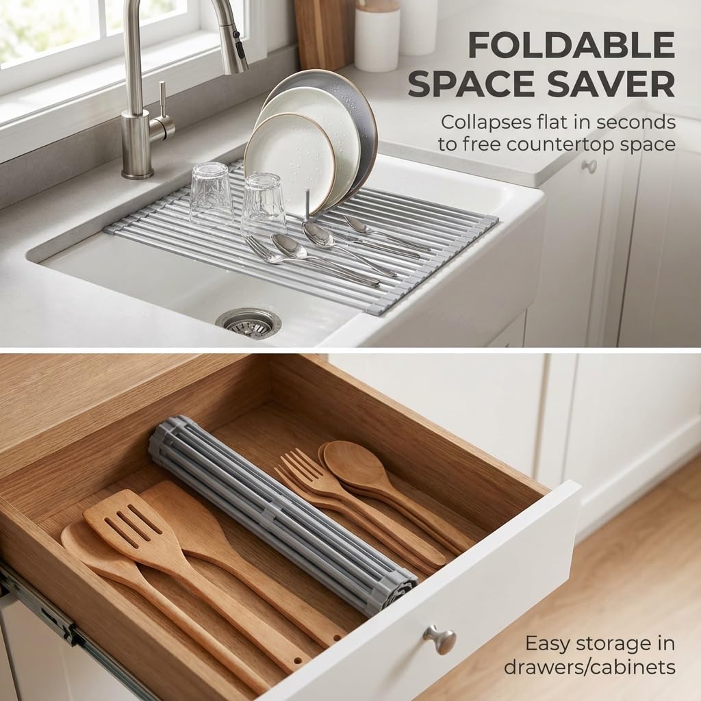 Égouttoir à vaisselle pliable pour évier de cuisine - Peu encombrant - Pour couverts, fruits et vétérinaires - Blanc