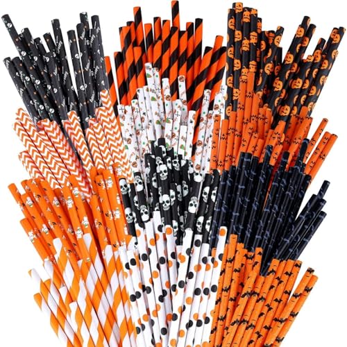 100 Piezas Pajitas Papel Desechables Beber Halloween Naranja Negro, Pajitas Papel Desechables Halloween, con Rayas, Ondas, Puntos, Cabeza de Cráneo, Murciélagos, Biodegradables