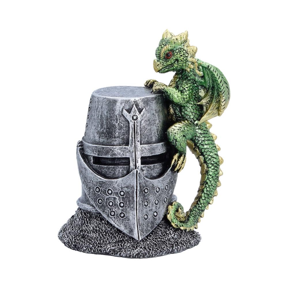 Hatchling Helm Dragon Figurine 13.2cm – Baby Dragon on Knight Helmet Fantasy Ornament (Green)
