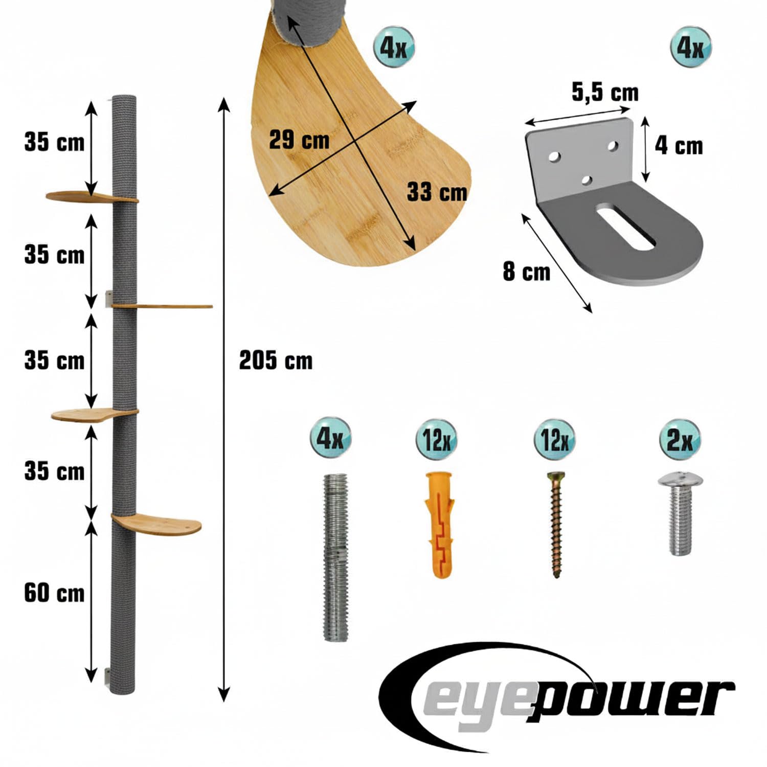 eyepower 205 cm Rascador de Pared Luna con 4 Plataformas de Bambú - Árbol para Gatos con Estanteria - Columna de Sisal Natural - Recorrido de Estantes - Torre Gato Estable - Poste Alto Fijación Mural
