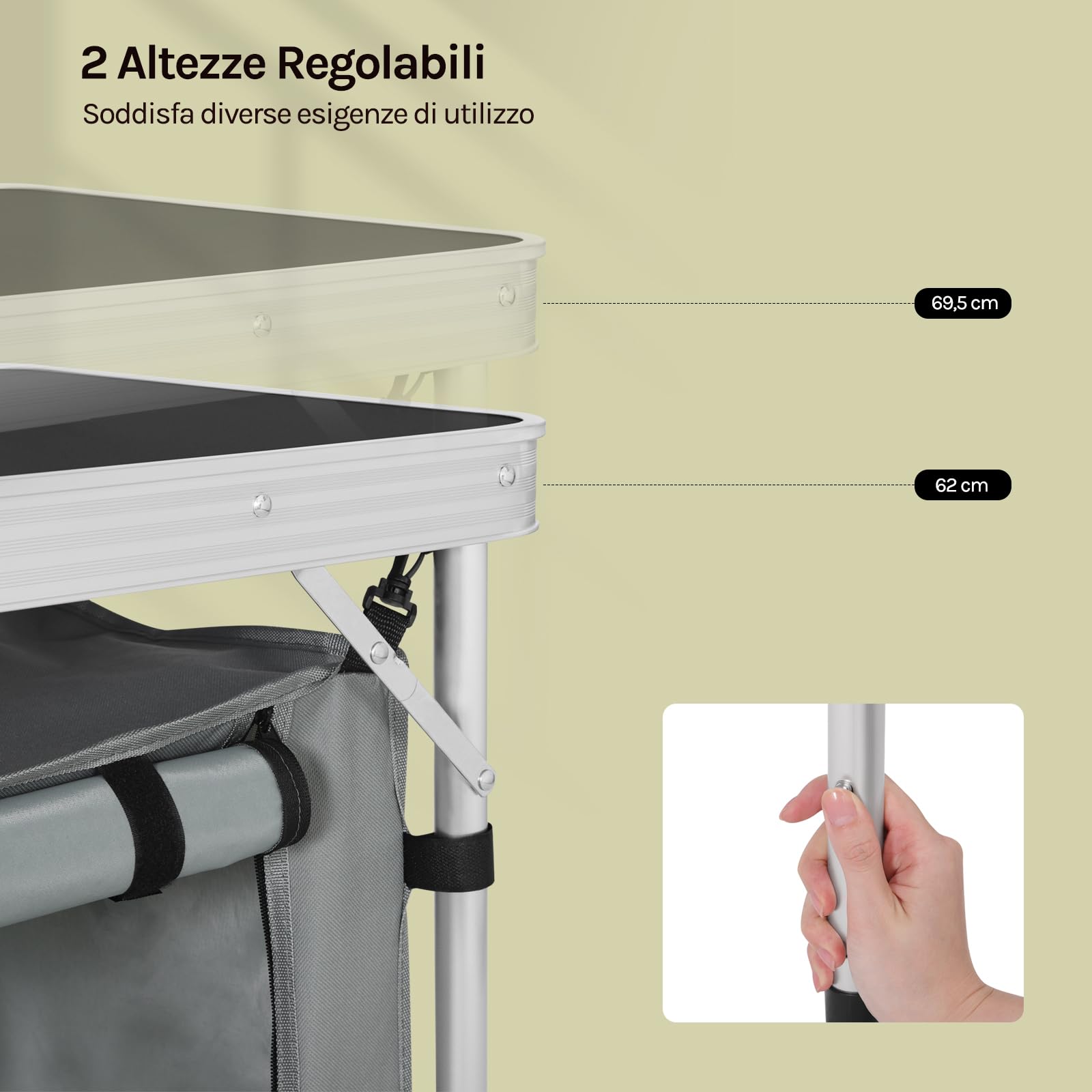 WOLTU Tavolo da Picnic Pieghevole, Mobile Cucina da Campeggio, Esterno, in MDF e alluminio con 2 Scomparti Regolabili in Altezza, 120 x 47 x 62/69.5 cm