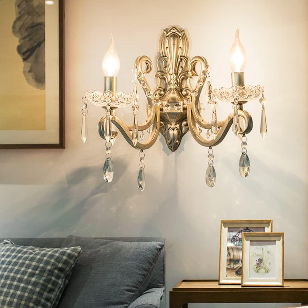 Meefad Crystal Wall Mount Lamp, Rustic Wall Light, 2 Lights Elegant Candle Wall Sconce for Corridor Bedroom Living Room in Brushed Nickel