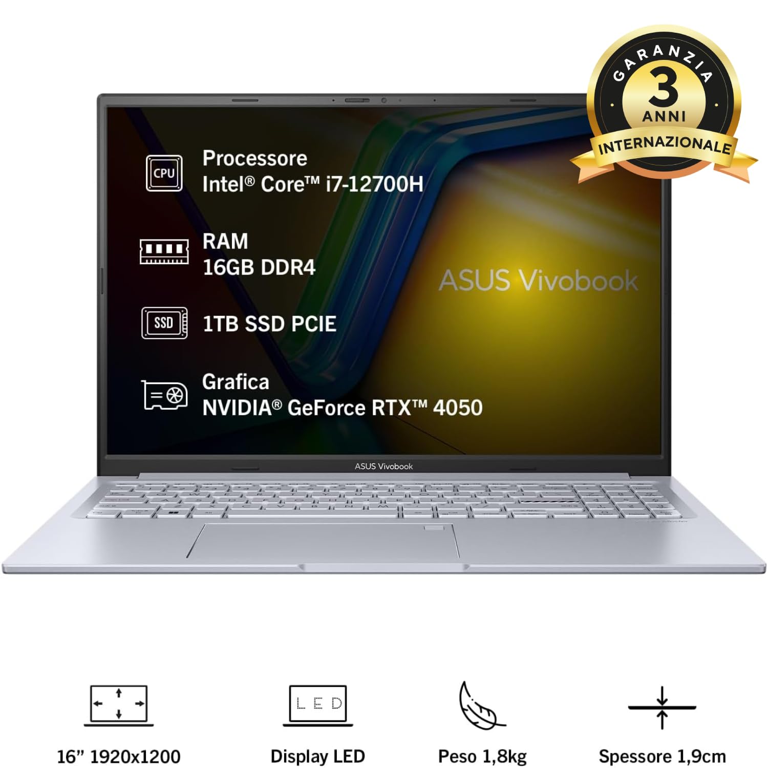 ASUS Vivobook 16X K3605ZU#B08HMMD37W, Notebook in alluminio 16" Anti-glare, 144Hz, Intel Core i7-12700H, RAM 16GB, 1TB SSD PCIE, NVIDIA® GeForce RTX™ 4050, WIN 11 HOME, Argento