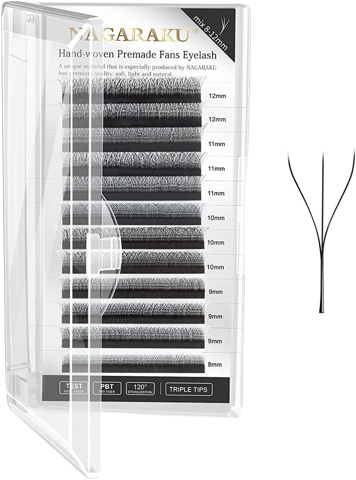 NAGARAKU 3D Lash, W Premade Fans Volume Lash 0.07mm D Curl 8-15mm Mix Natural Soft W Shape Eyelash Extension PBT Matte Black Falselashes