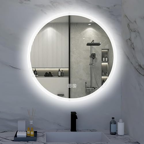 Espejo de baño redondo LED, espejo de tocador circular antivaho de 28 pulgadas, espejo de tocador grande con luz regulable y función de memoria