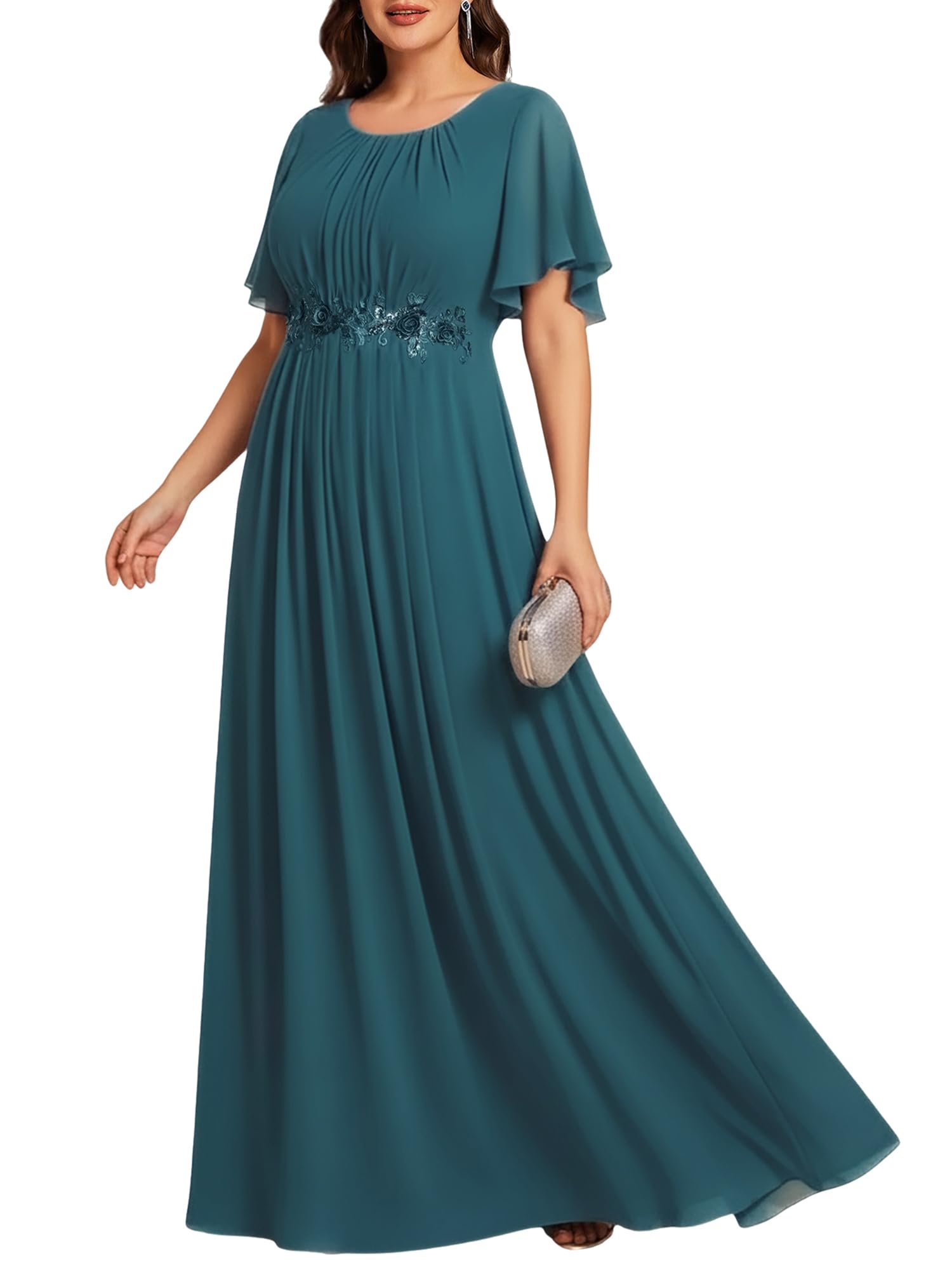 Ever-Pretty Plus Donne Girocollo Appliques Maniche Corte Piano Lunghezza Plus Size Abiti Formali Madre della Sposa Abito