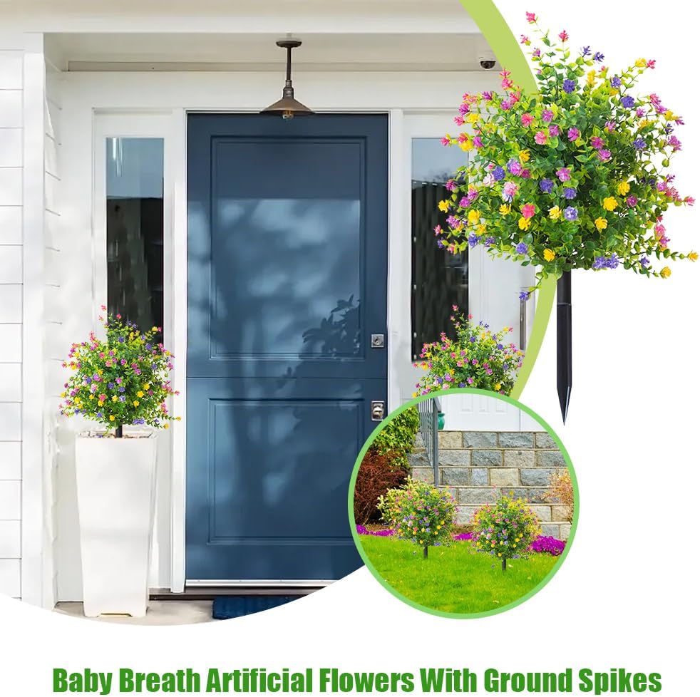 Artificial Baby Breath Flowers with Ground Spike, 22in UV Resistant Faux Shrubs for Outdoors, Realistic Fake Plant Flowers Bush for Front Porch Garden Patio Spring Decor (2, Colorful)
