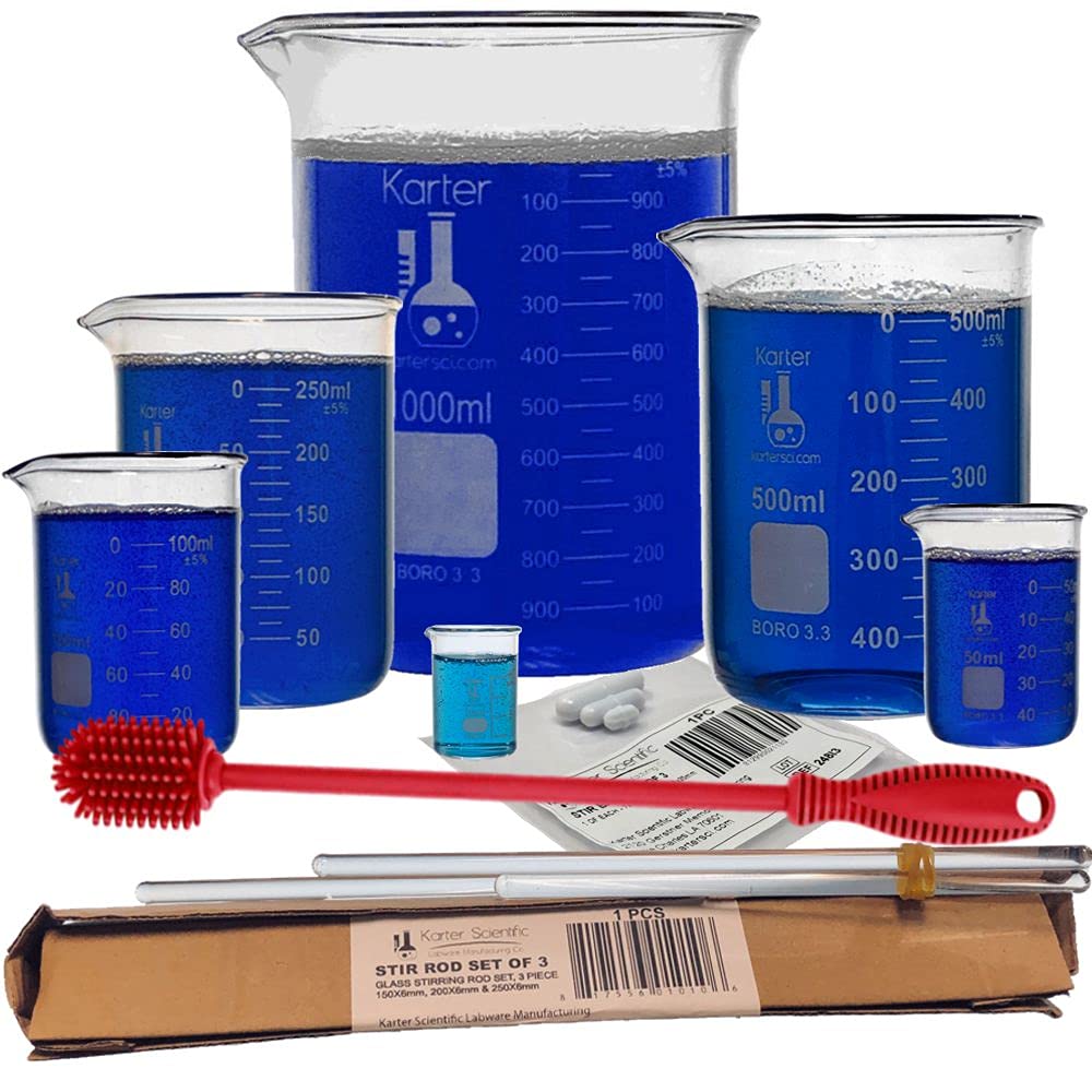 Glass Low Form Beaker Set with Glass Stirring Rod Set, Magnetic Stir Bar Set, and Silicon Cleaning Brush, 6 Sizes -10, 50, 100, 250, 500, and 1L, 3.3 Borosilicate Glass, Karter Scientific