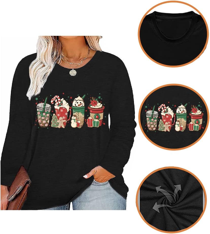 Plus Size Women T-Shirt Christmas Candy Snowman Gift Funny Casual Long Sleeve Graphic Cute Tee Tops - Image 4