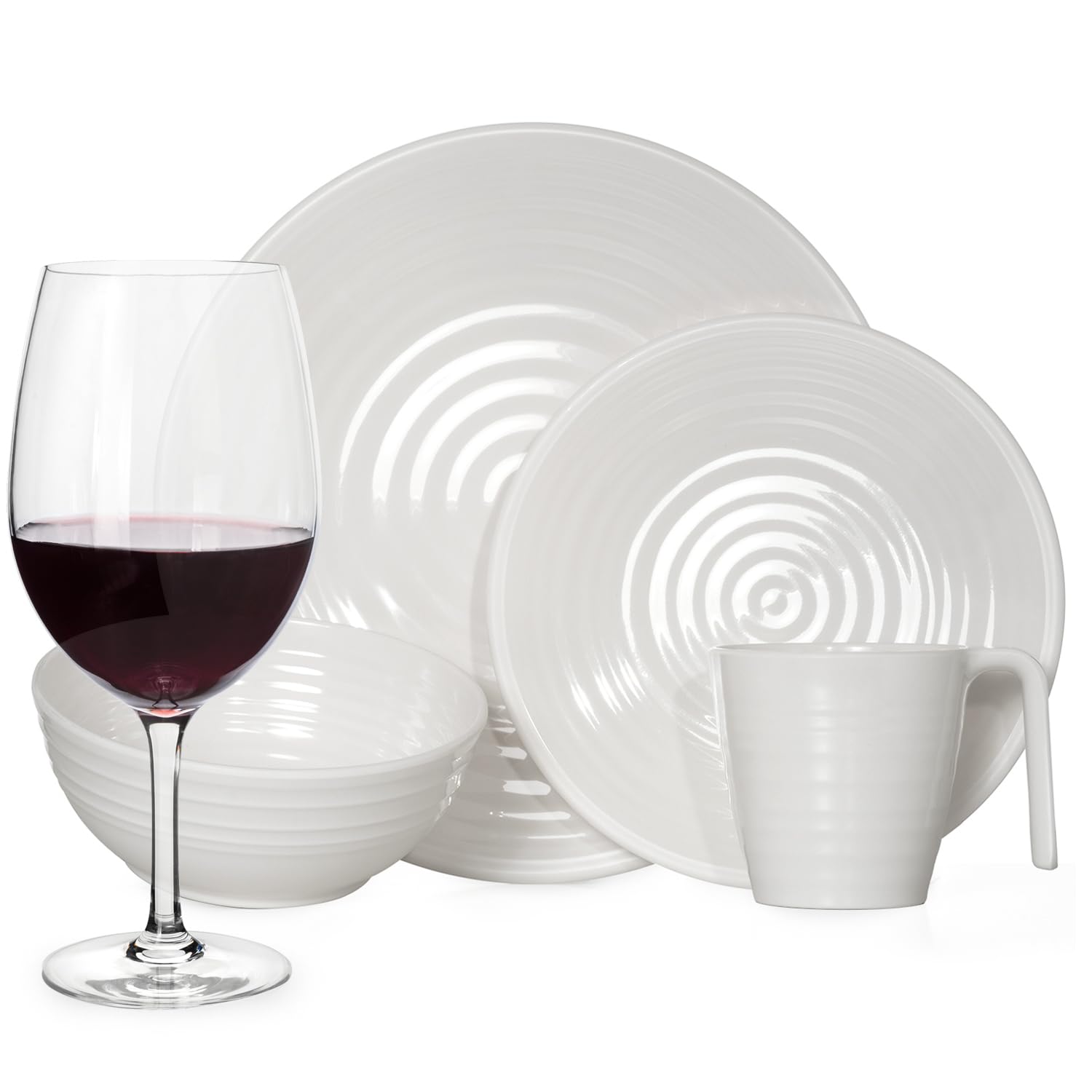Vajilla de melamina para camping, 4 personas, color crema, 16 piezas + 4 vasos de Tiamo rojo copas de vino vajilla de picnic barbacoa