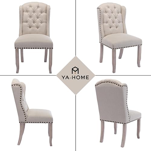 Miniatura 3 de Juego de 2 sillas de comedor clásicas tapizadas de lino con respaldo alto y patas de madera, cómodas sillas laterales sin brazos para cocina,