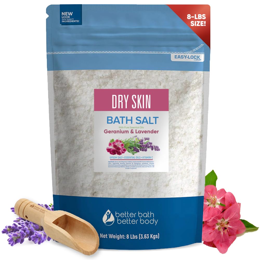 Dry Skin Bath Salt 128 Ounces Epsom Salt with Natural Geranium, Lavender, Ylang Ylang, and Lemon Essential Oils Plus Vitamin C in BPA Free Pouch with Easy Press-Lock Seal