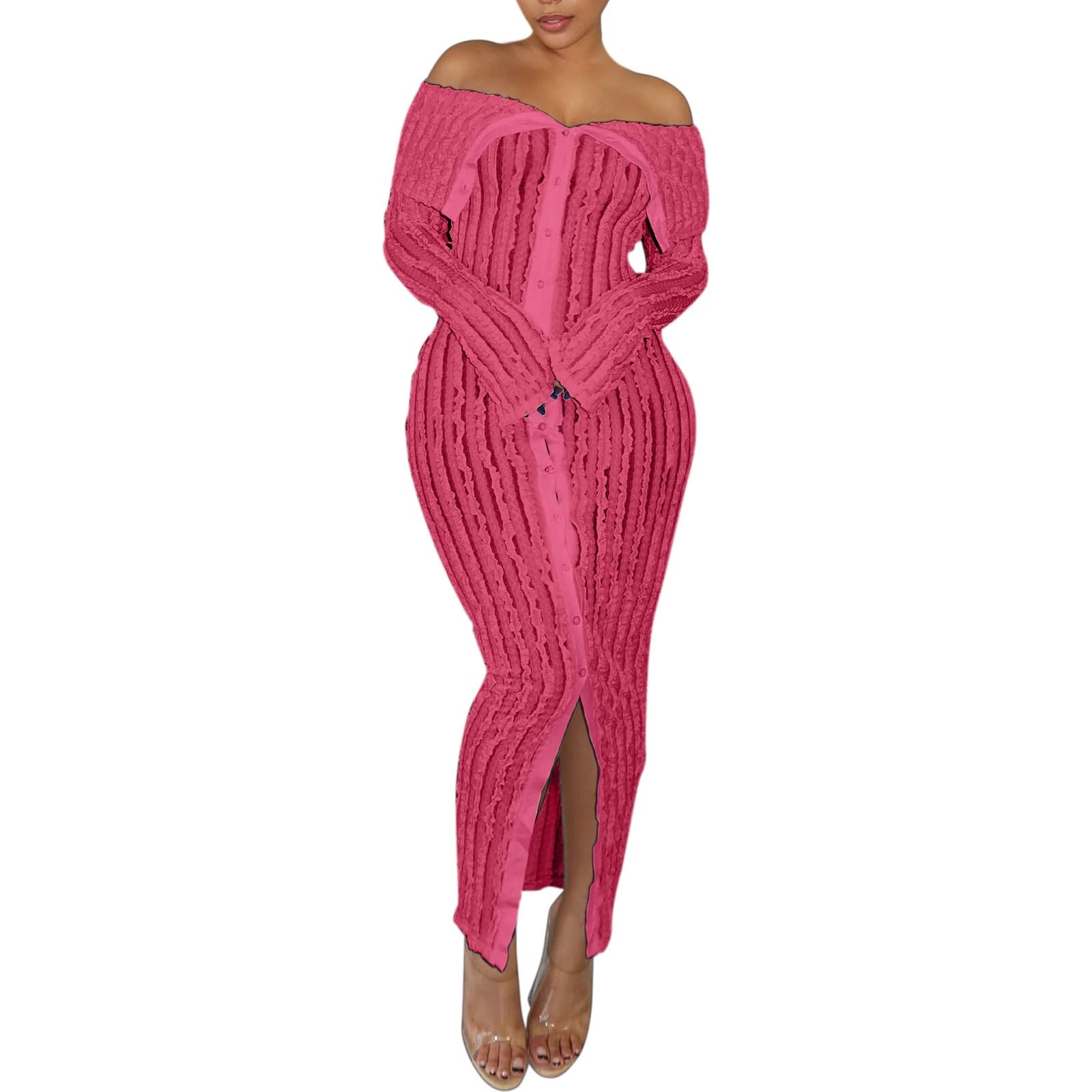 Faschingskostüme Damen Elegantes Off Shoulder Kleid Damen Sexy Langarm Knopfleiste Rüschen Bodycon Midi Perfekt Für Event Und Abend Bodyconkleid