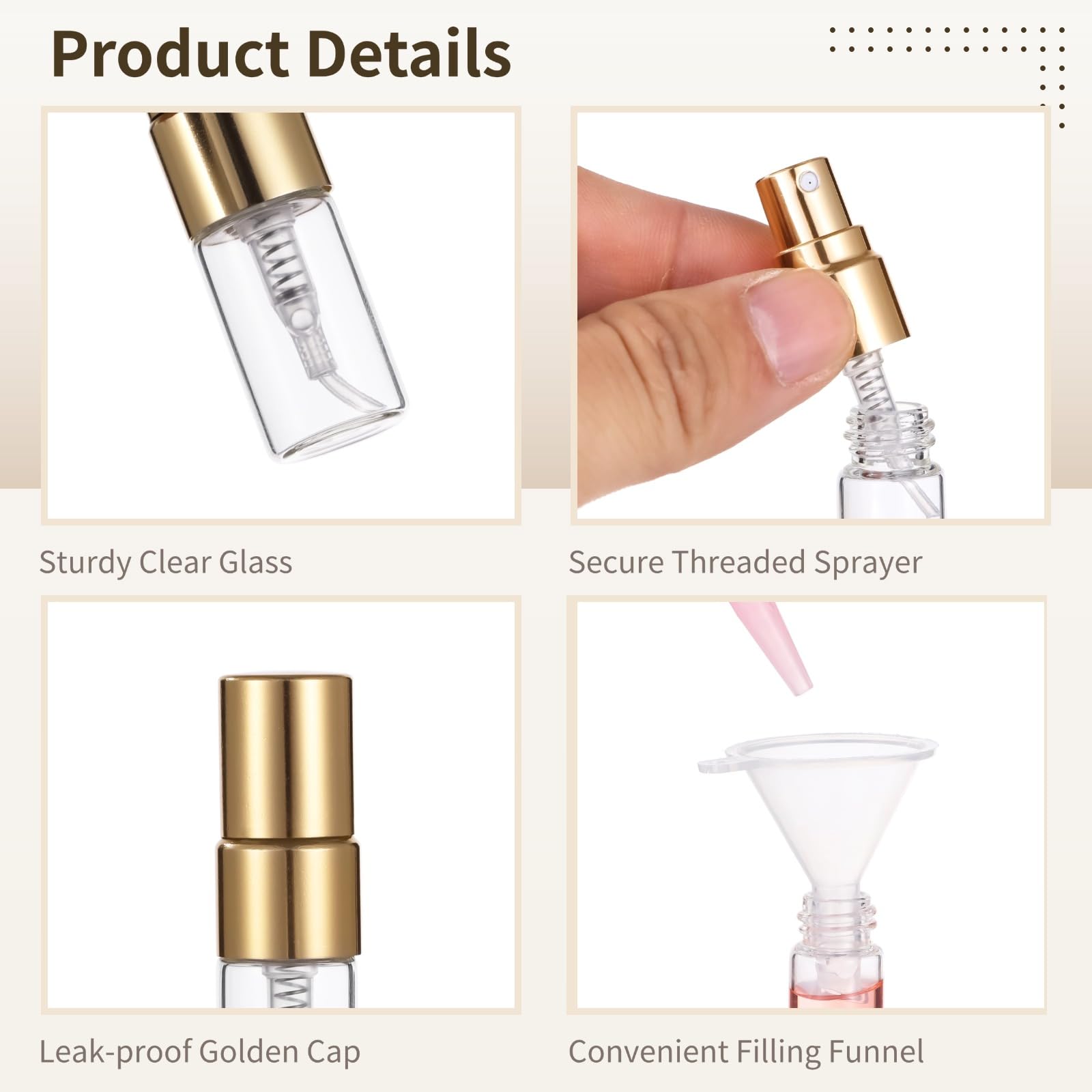 50 mini flaconi spray da 2 ml, ricaricabili, in vetro, per profumo, da viaggio, contenitori portatili per campioni con tappo, atomizzatori per nebbia fine, include 2 imbuti e 2 dispenser, oro